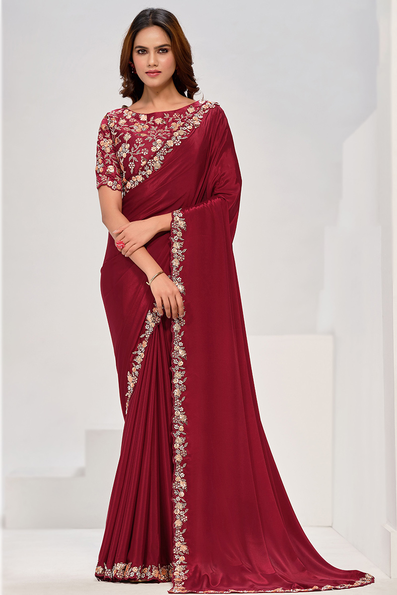 Deep Red Satin Sequins Embroidered Light Weight Saree