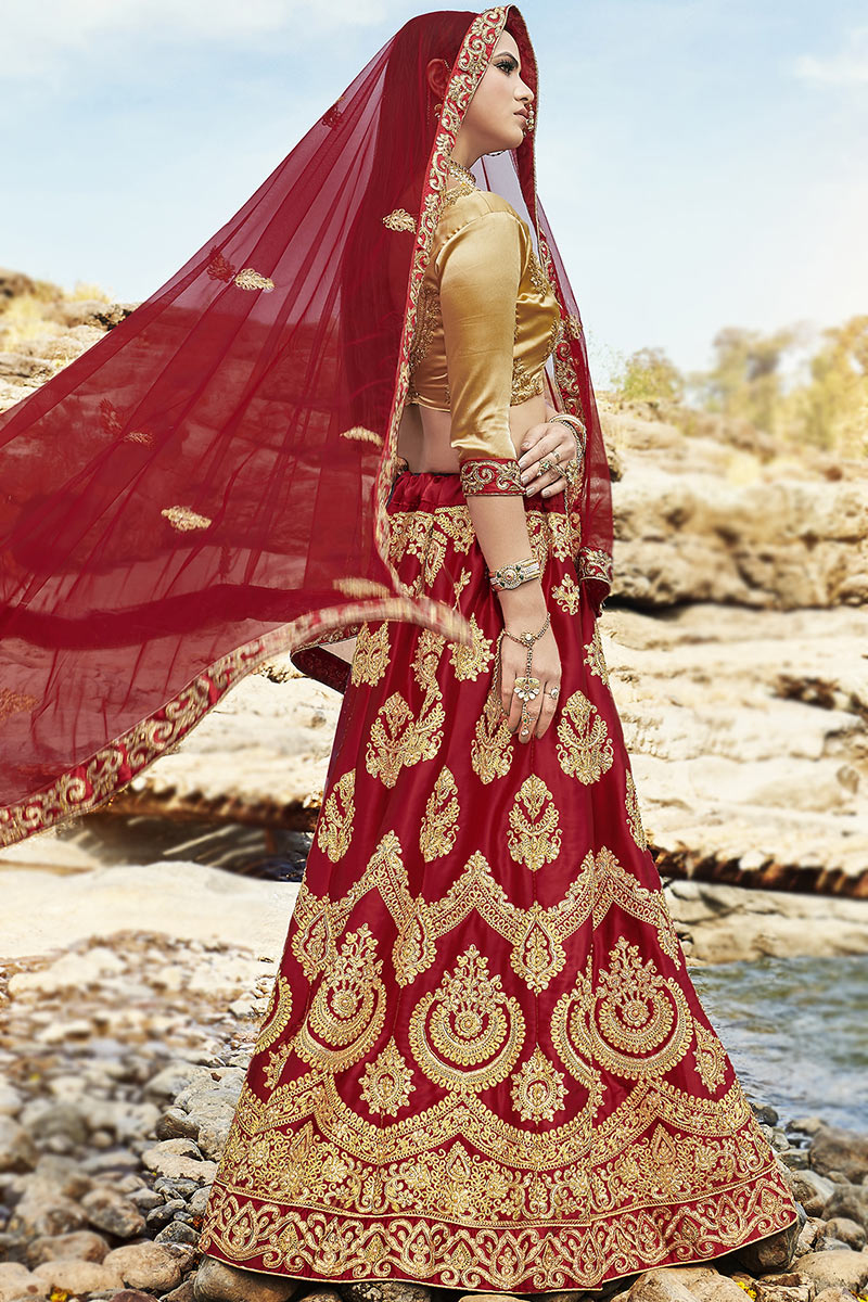 Deep Red Satin Silk A Line Lehenga