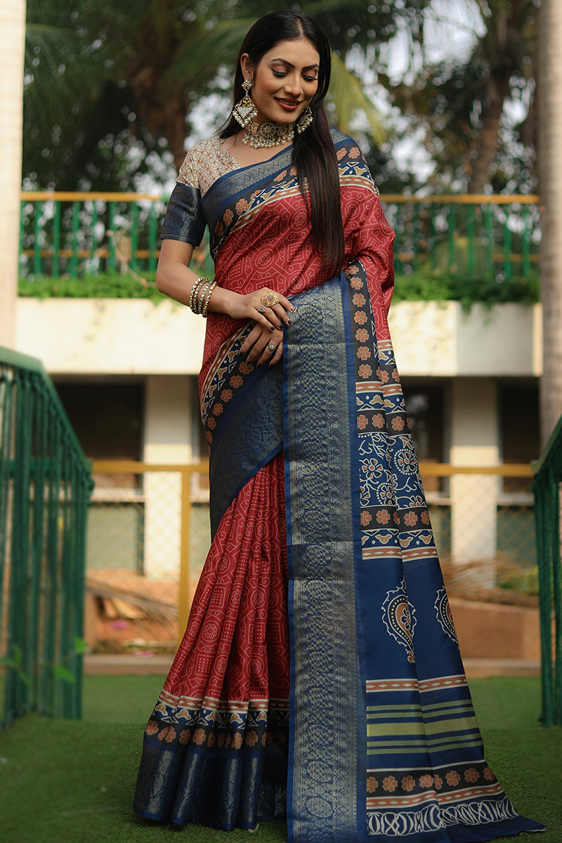 Deep Red Silk Bandhej Printed Light Weight Saree