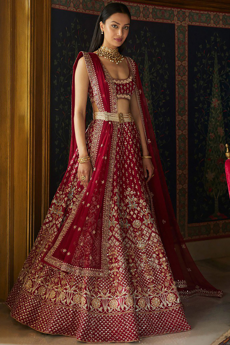 Deep Red Silk Embroidered Panelled Style Lehenga