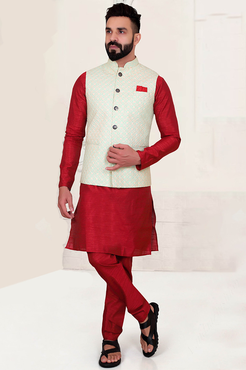 Designer Fashions Deep Red Men Kurta Pajama with Embroidered Jacket MKPA02057
