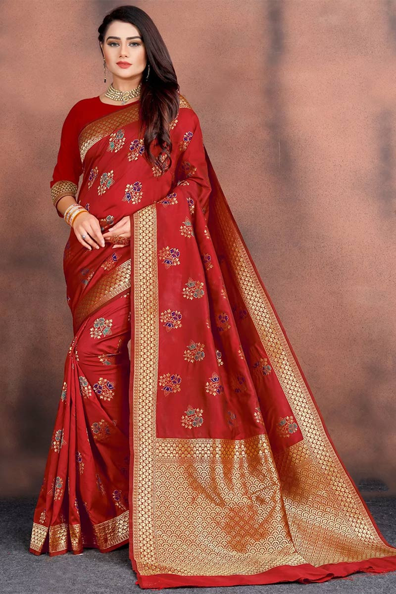 Deep Red Silk Wedding Saree With Silk Blouse