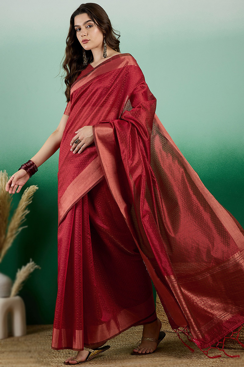 Deep Red Tissue Silk Woven Zari Light Weight Saree SARV180918