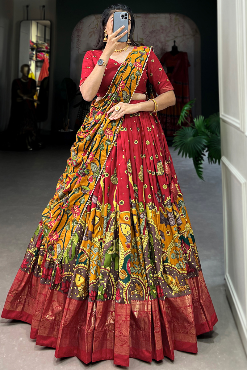 Deep Red Tussar Silk Lehenga With Printed Work For Diwali