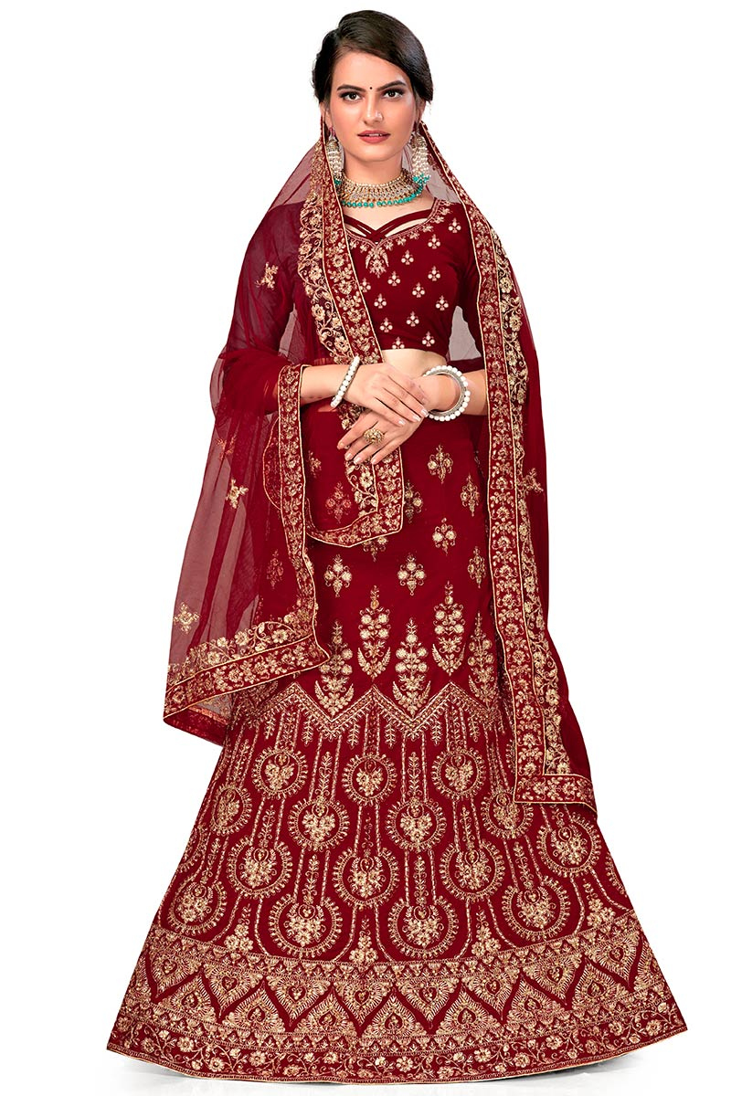 Deep Red A Line Wedding Wear Lehenga in Velvet