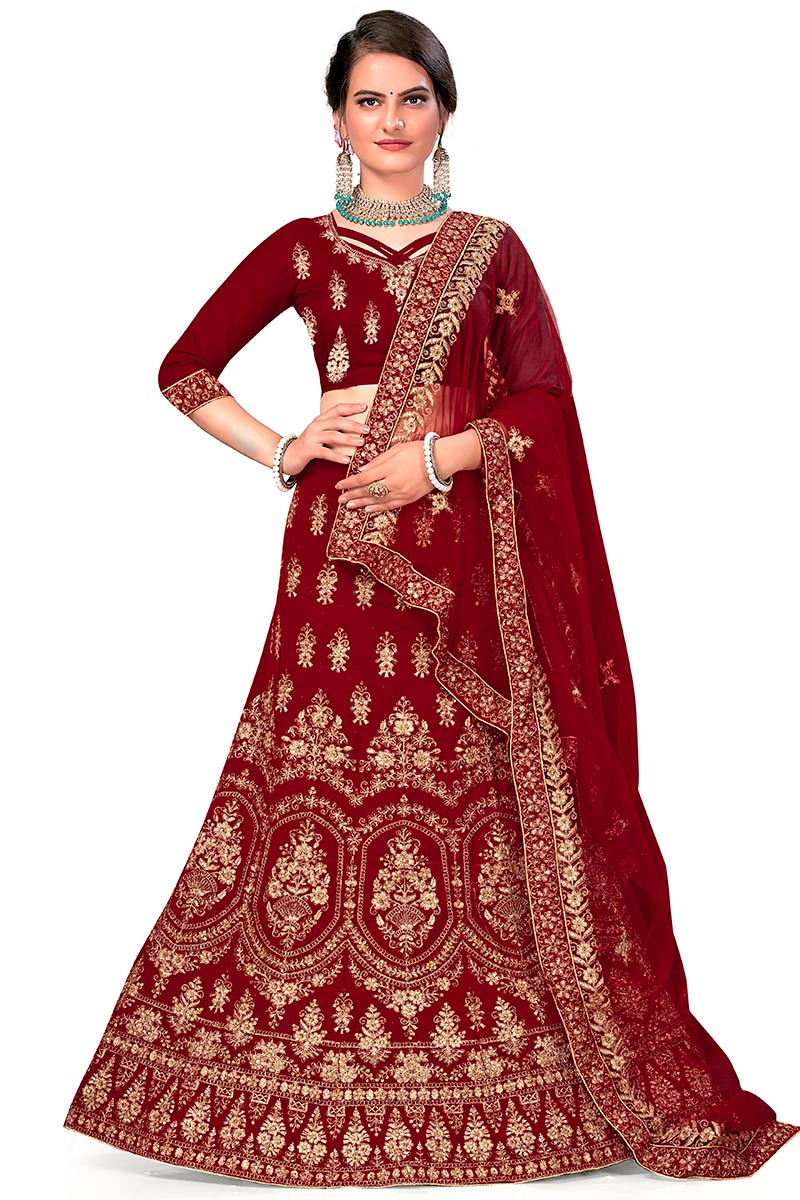 Velvet Deep Red Wedding Wear Lehenga with Stone embroidery