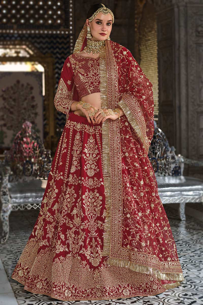 Bridal lehenga in red and golden colour sales