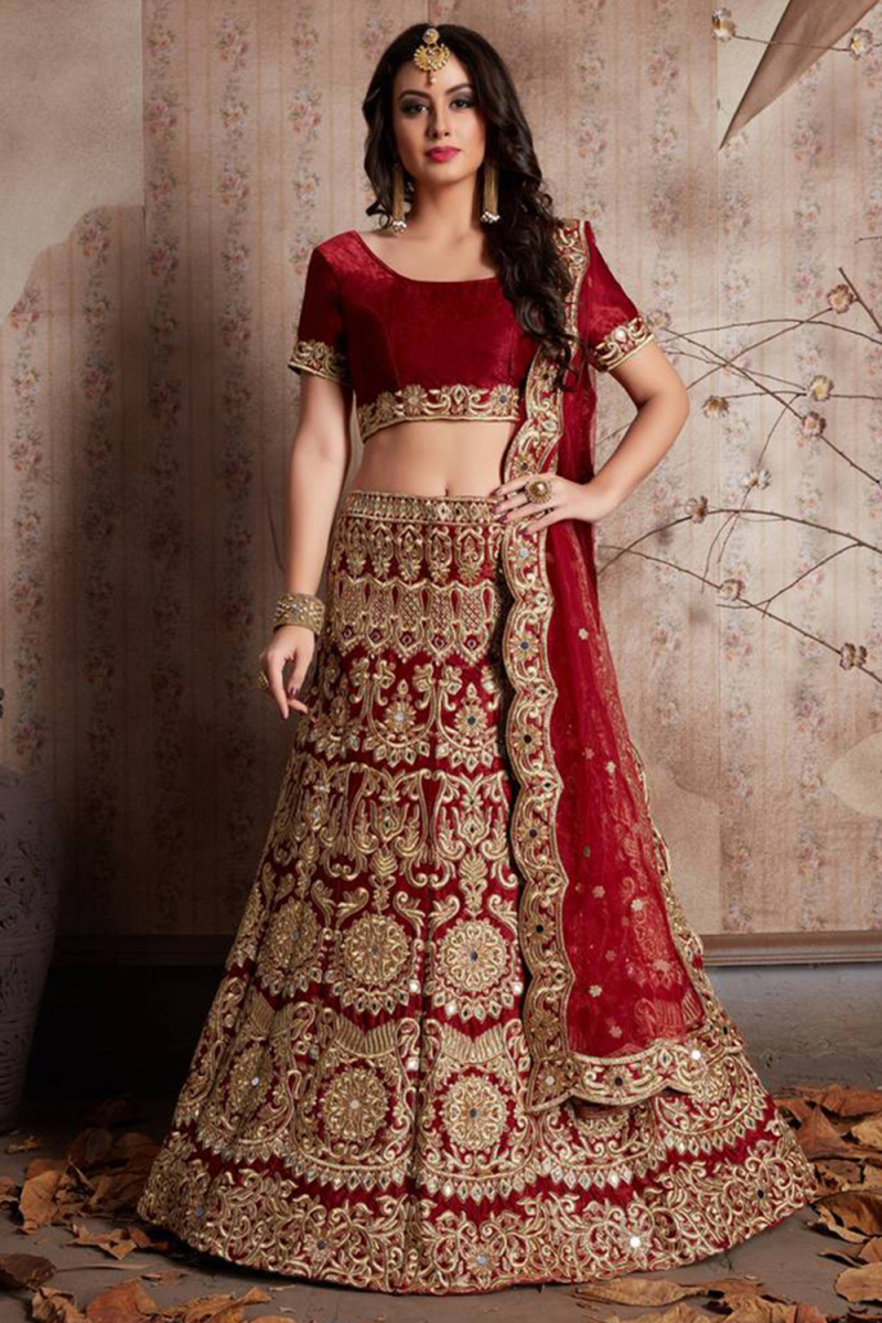 Deep Red Velvet Embroidered Panelled Style Lehenga