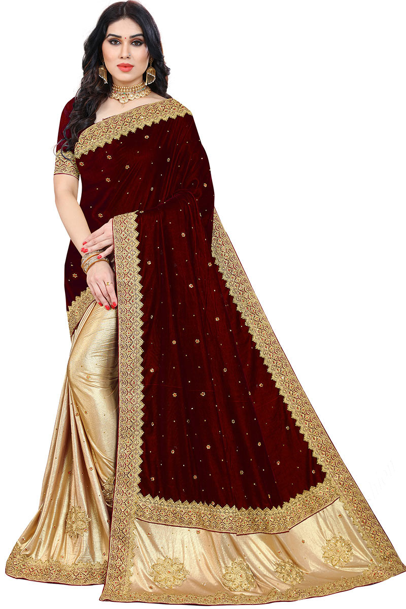 Velvet saree top with stone work