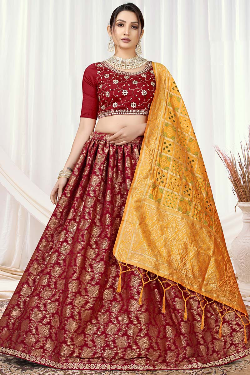 Deep Red Vicose Jacquard Woven Zari Lehenga