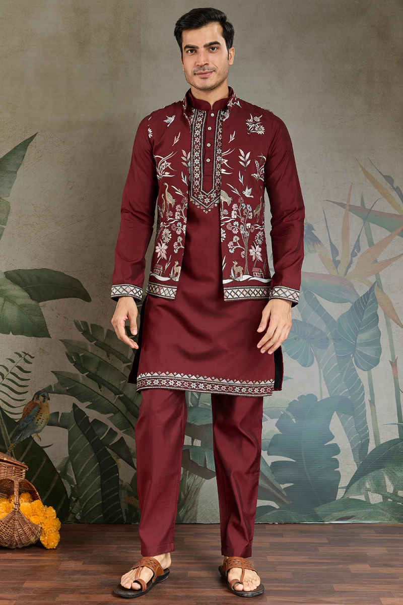 Deep Red Viscose Silk Men's Kurta Pajama With Embroidered Jacket