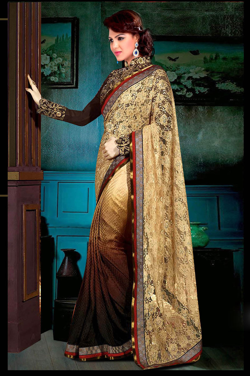 Brown And Cream Georgette Saree With Blouse