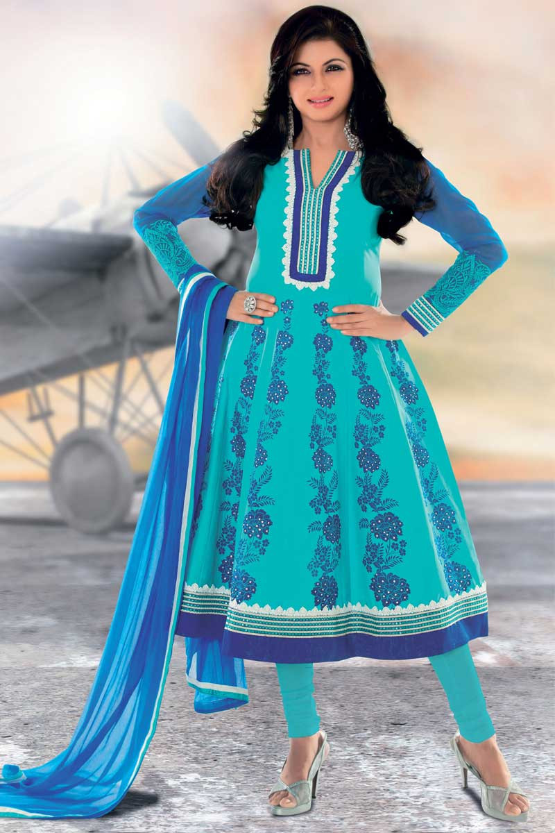 Festival Anarkali Churidar Cotton Suit, Sky Blue Embroidered Outfit in UK