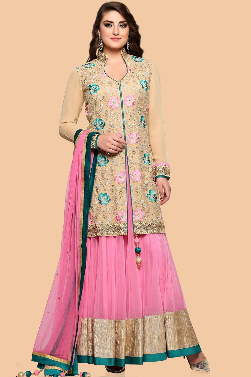 Beige And Pink Net Wedding Lehenga With Net Choli