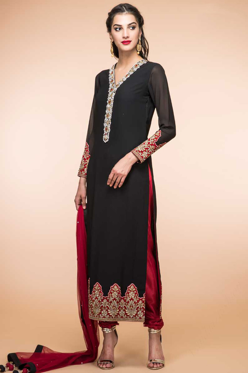 Patiala Red and Black Stitched Cotton Salwar Suit - The 13th Store