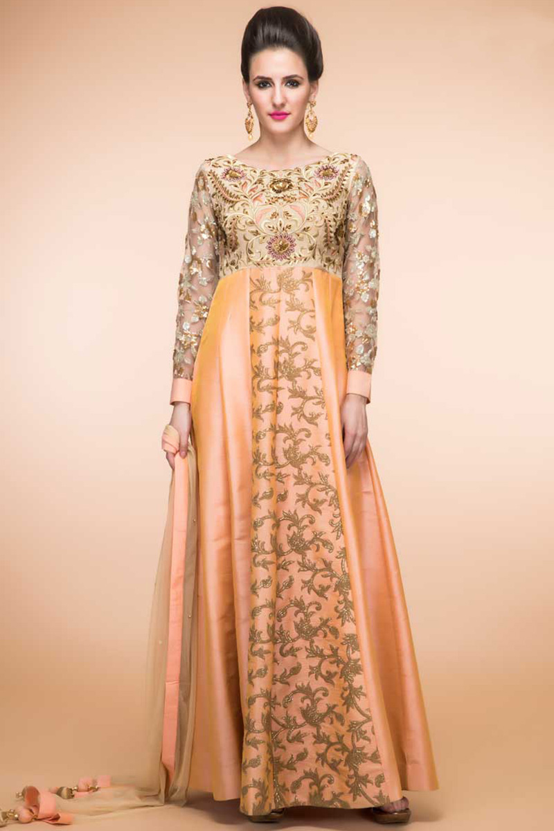 Peach Color Dupion Anarkali Churidar Suit With Dupatta