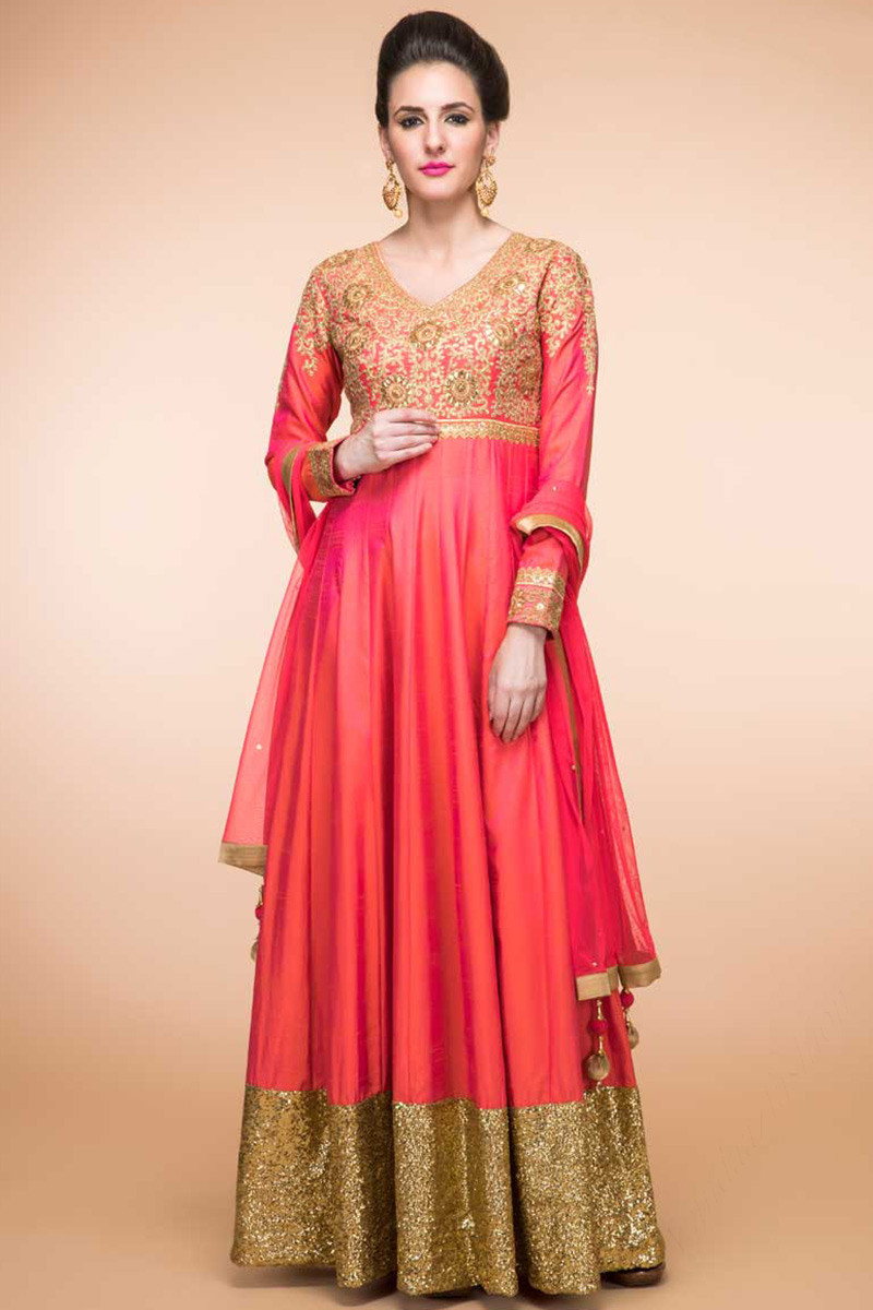 Carrot Red Cotton Anarkali Gown Dress With Shrug