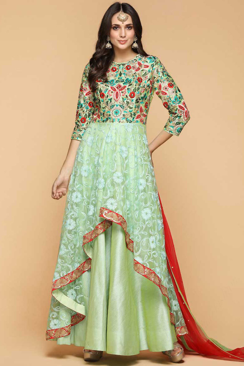 Banglori Silk With Chikan Net Anarkalii Suit