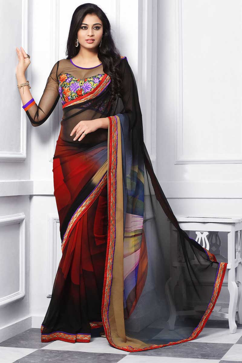 Buy Black & Burgundy Navya Pre-Draped Saree With Stitched Blouse Online -  RI.Ritu Kumar India Store View