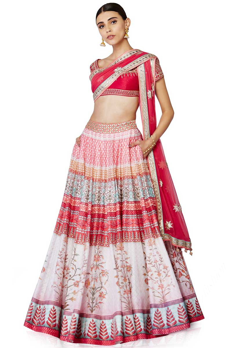Gilded Pink Raw Silk Lehenga With Banglori Silk Choli