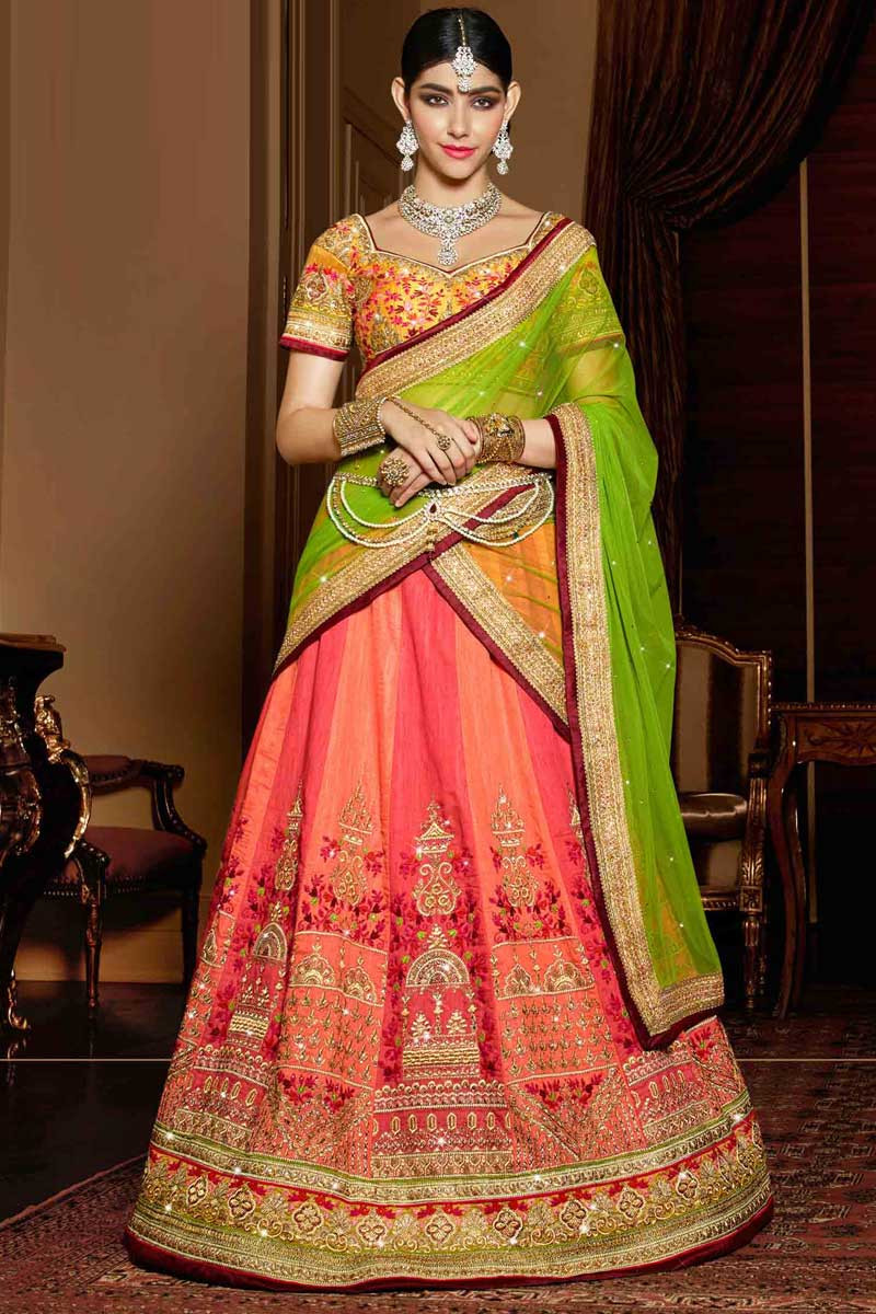 Shaded Pink Shahi Silk Lehenga With Raw Silk Choli