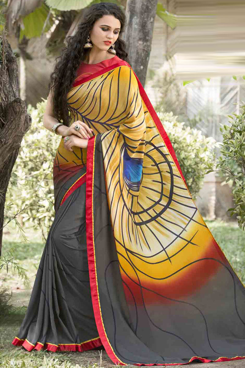 Yellow & Grey Satin Saree With Stone Work 4901SR02