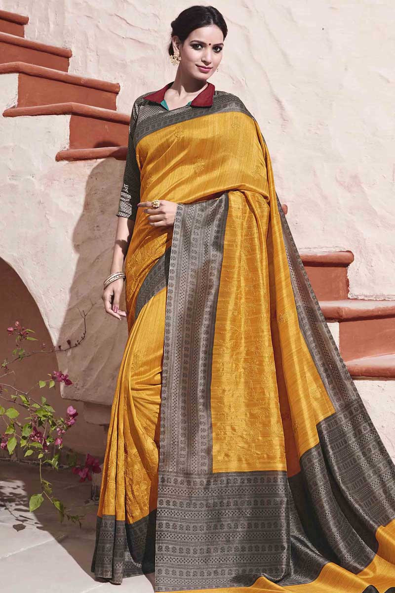 Bollywood Designer Orange Art Silk Saree With Art Silk Collar