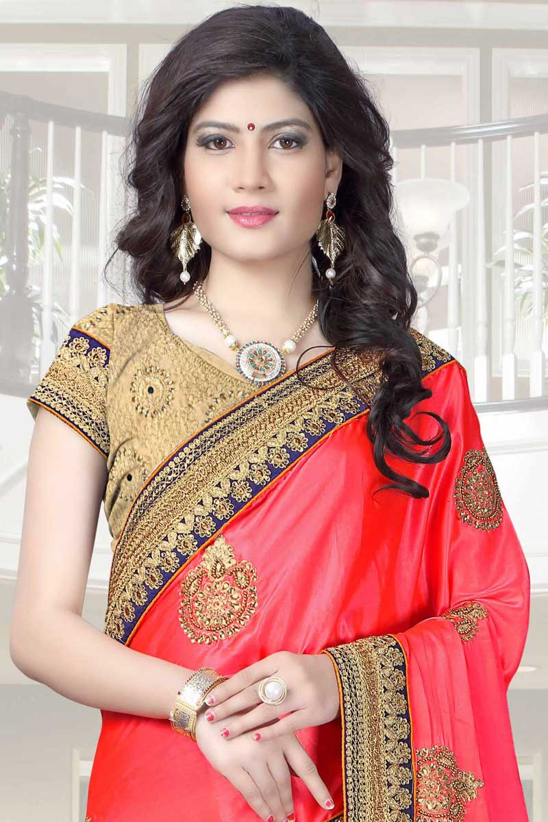 Beige and red Net and silk Lehenga Saree