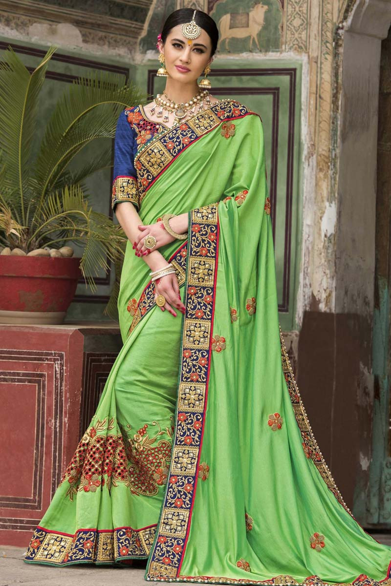 Green Silk Saree With Banglori silk Blouse