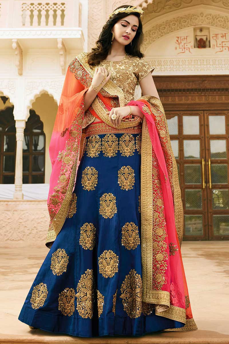 Buy Pista Raw Silk Zari N Stones Work Umbrella Lehenga Choli With Dupatta  Wedding Wear Online at Best Price | Cbazaar