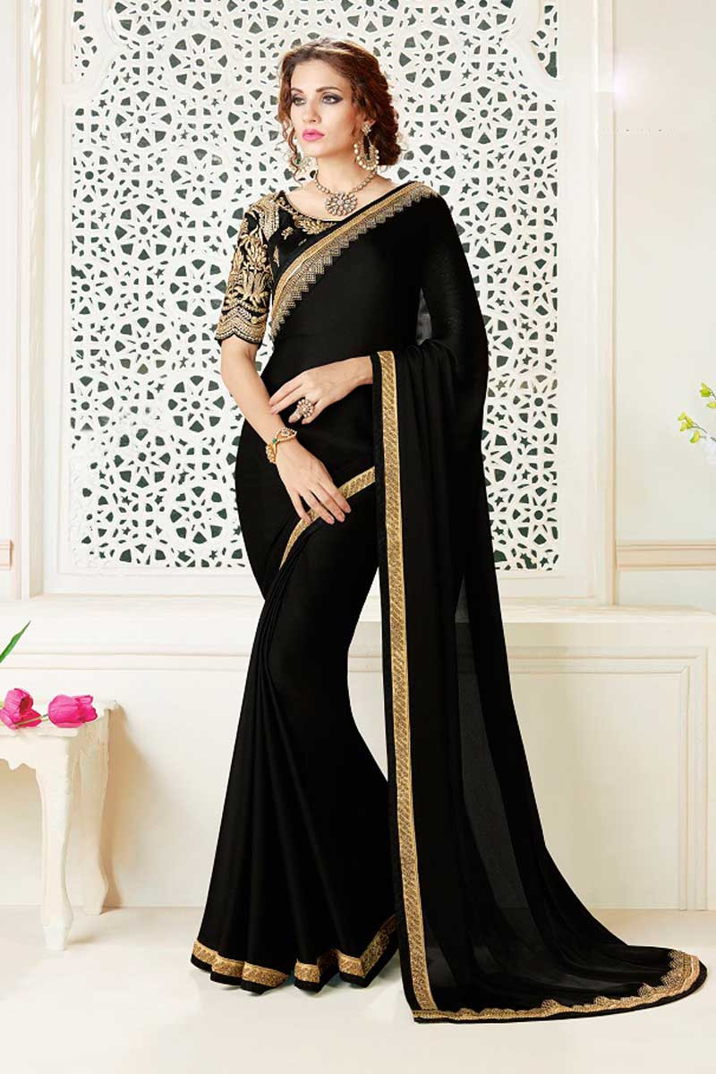 Vintage Women's Solid Satin Saree with Blouse piece Very beautiful Black  Sari | eBay