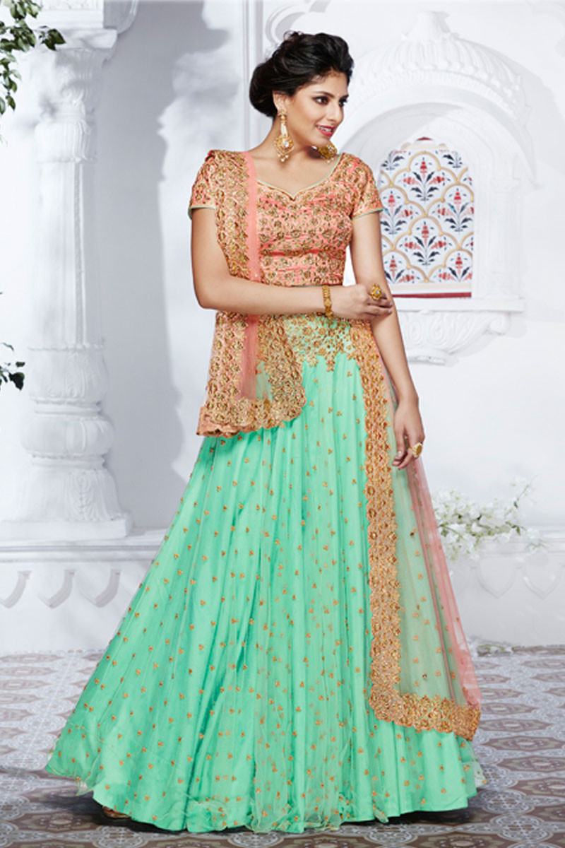 Rama Green Net Lehenga With Dupion Choli