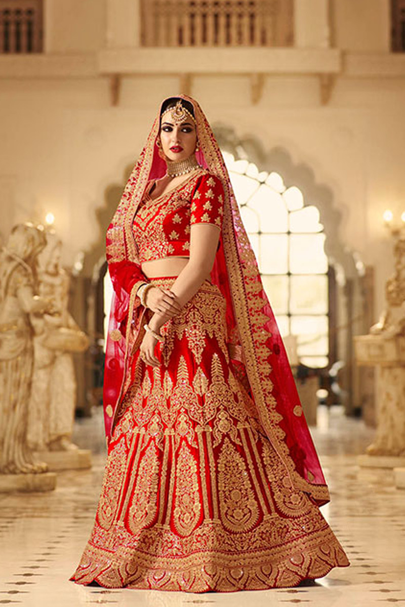 Wedding Red Satin And Silk Lehenga With Silk Choli Dmv12029