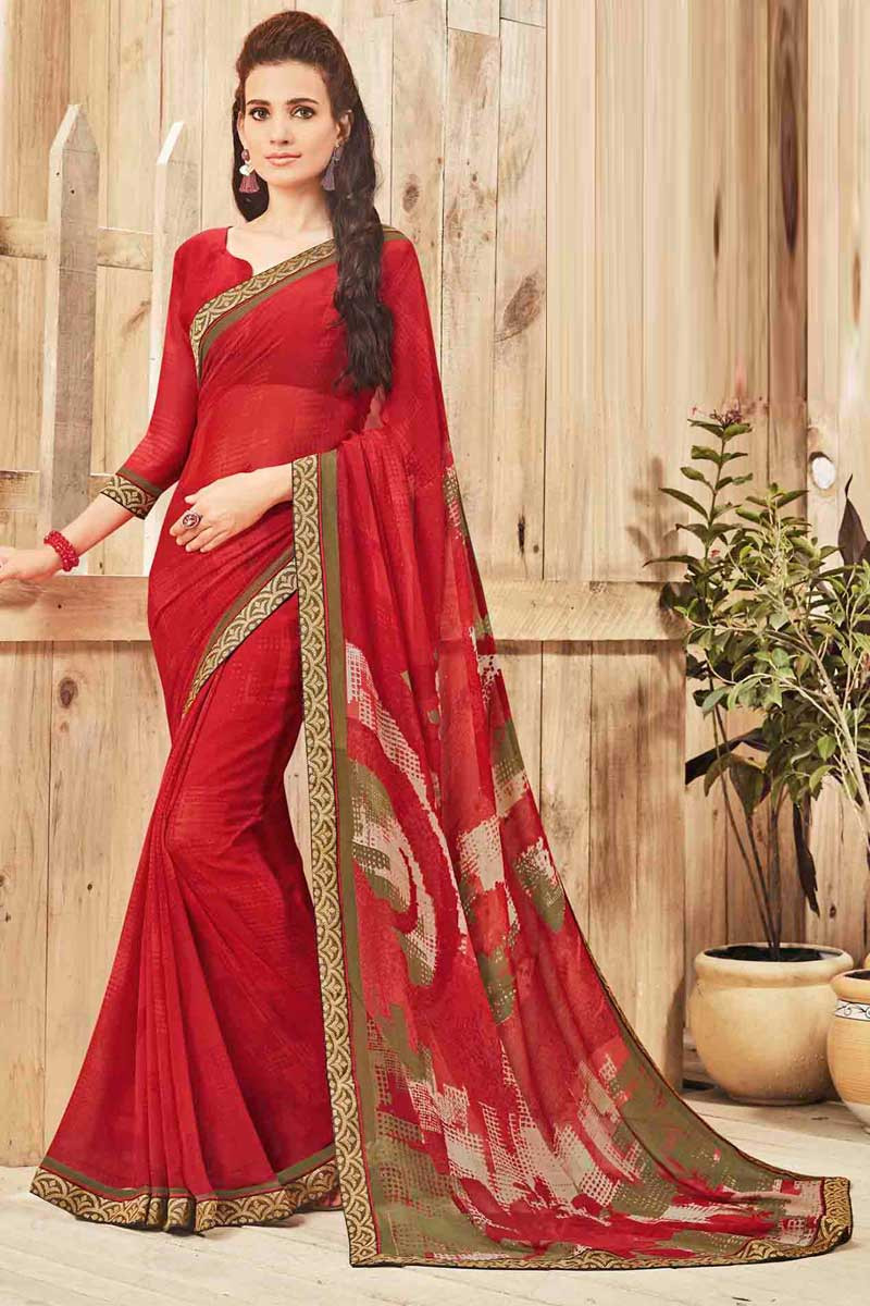 Red saree with designer blouse clearance