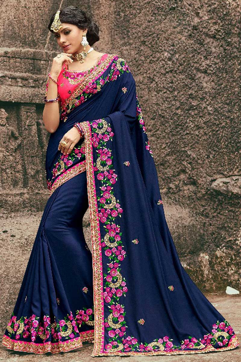 Navy blue saree with pink blouse top