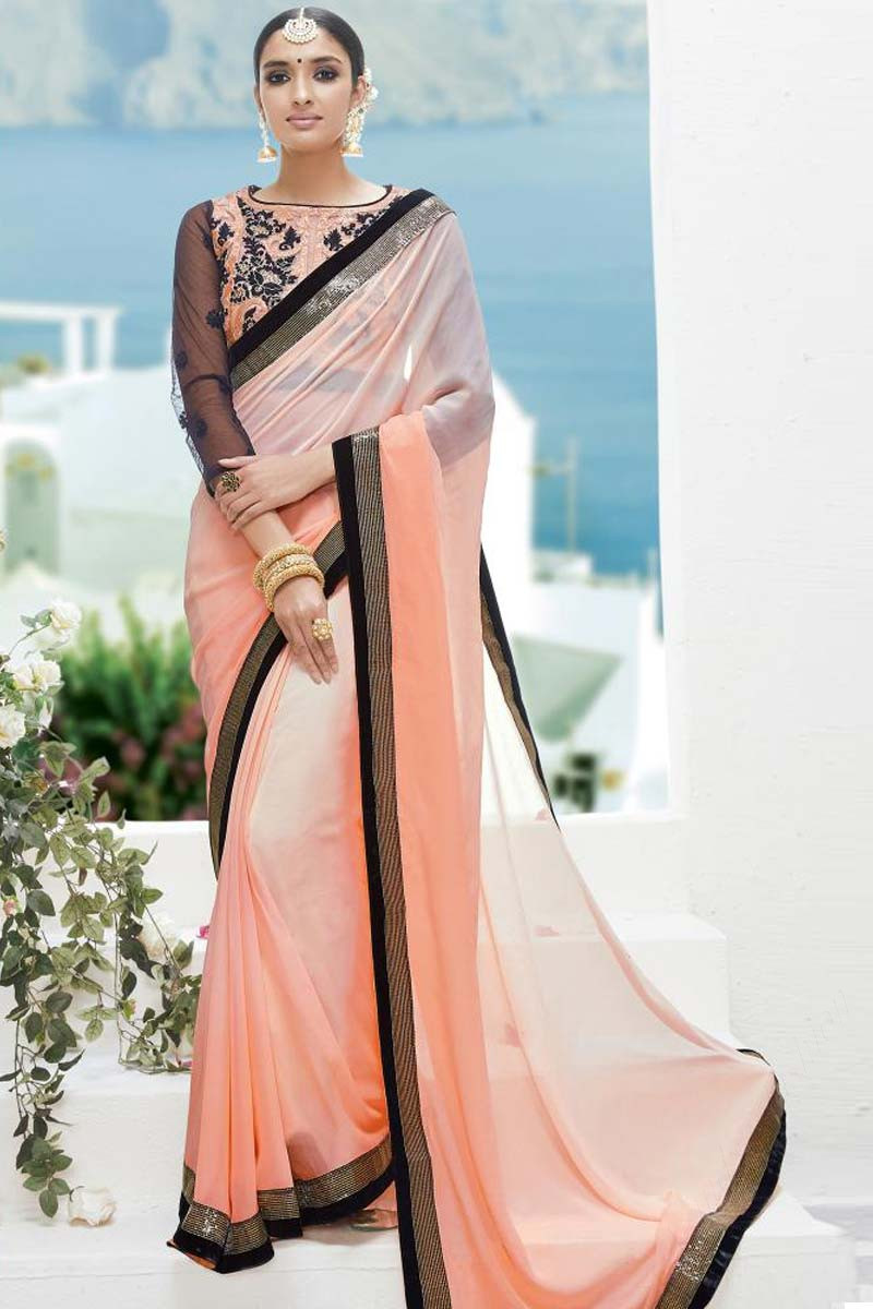 Buy Black and Peach embroiderd Ruffle Saree Party Wear Online at Best Price  | Cbazaar