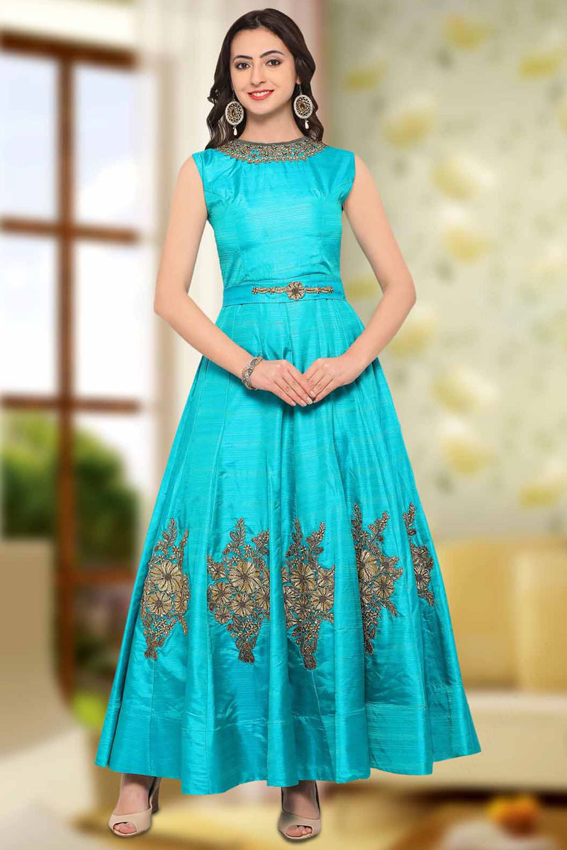 Indian Fabulous Sky Blue Banglori Silk Gown Outfits Dmv12506