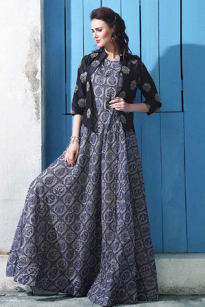 Online Pewter grey anarkali gown with printed work DMV12539