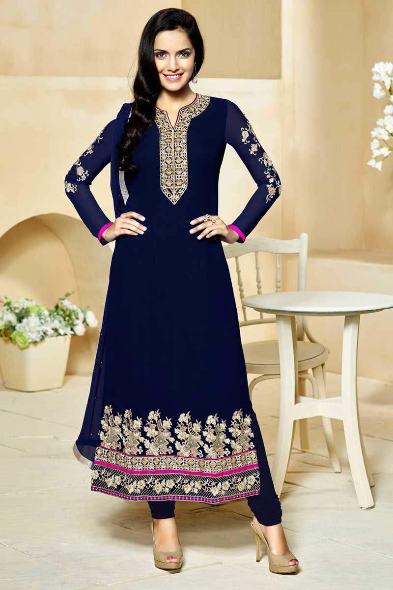 Buy Designer Navy Blue Georgette Party Wear Salwar Suit With Embroidery  Work Online