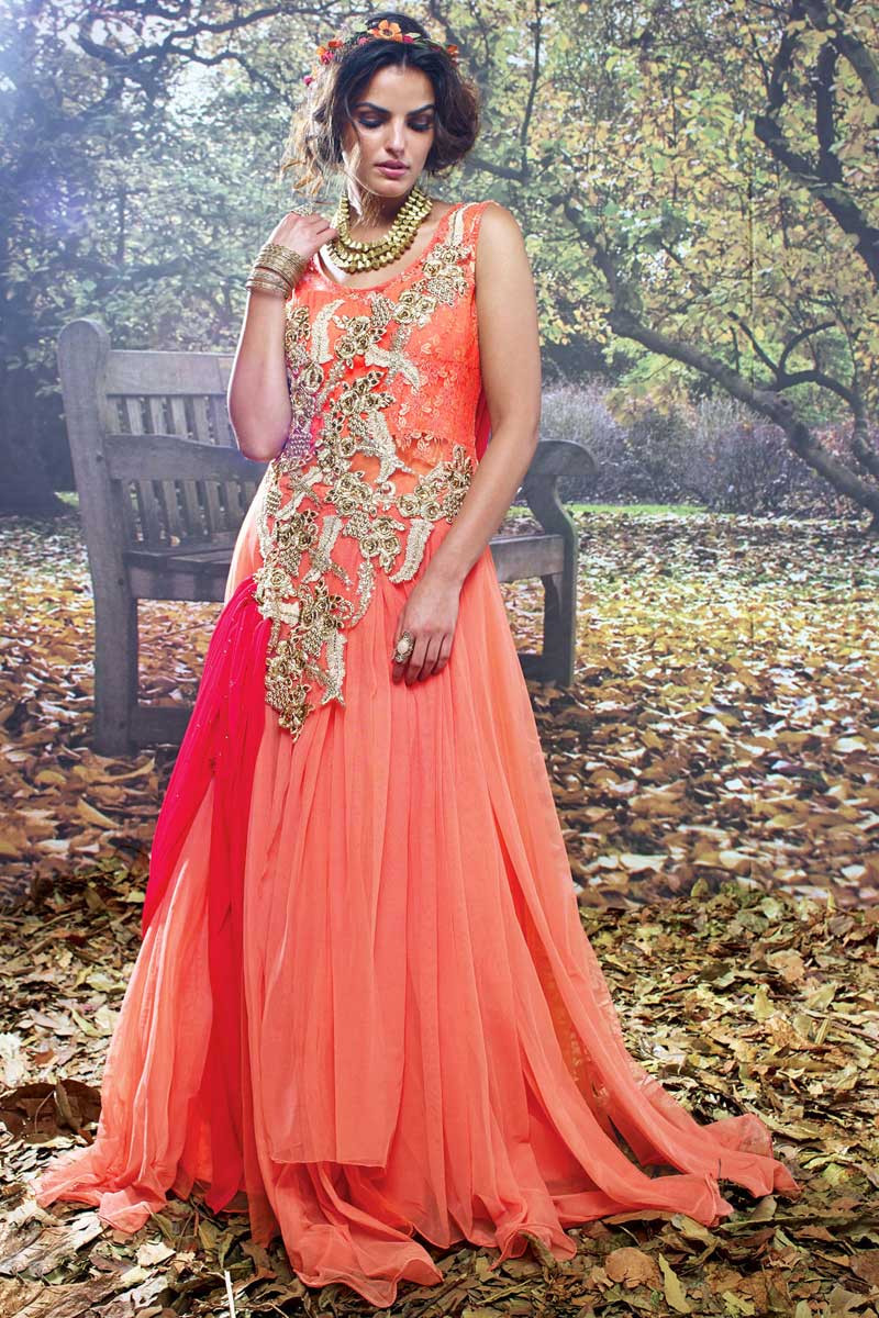 Orange and Pink Net Brasso Embroidered Work Partywear Gown