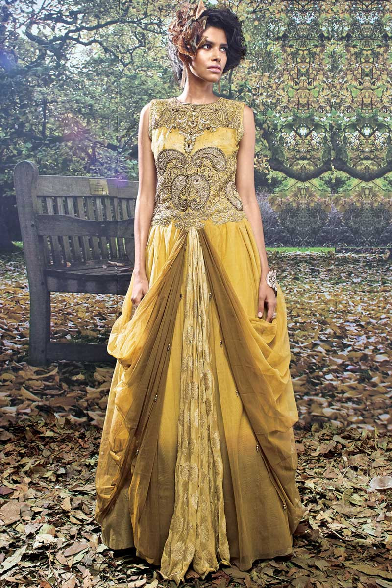 Mustard and Brown Net and Viscose Partywear Gown