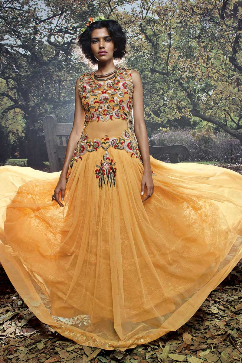 Stylish Mustard Net and Brasso Wedding Wear Gown