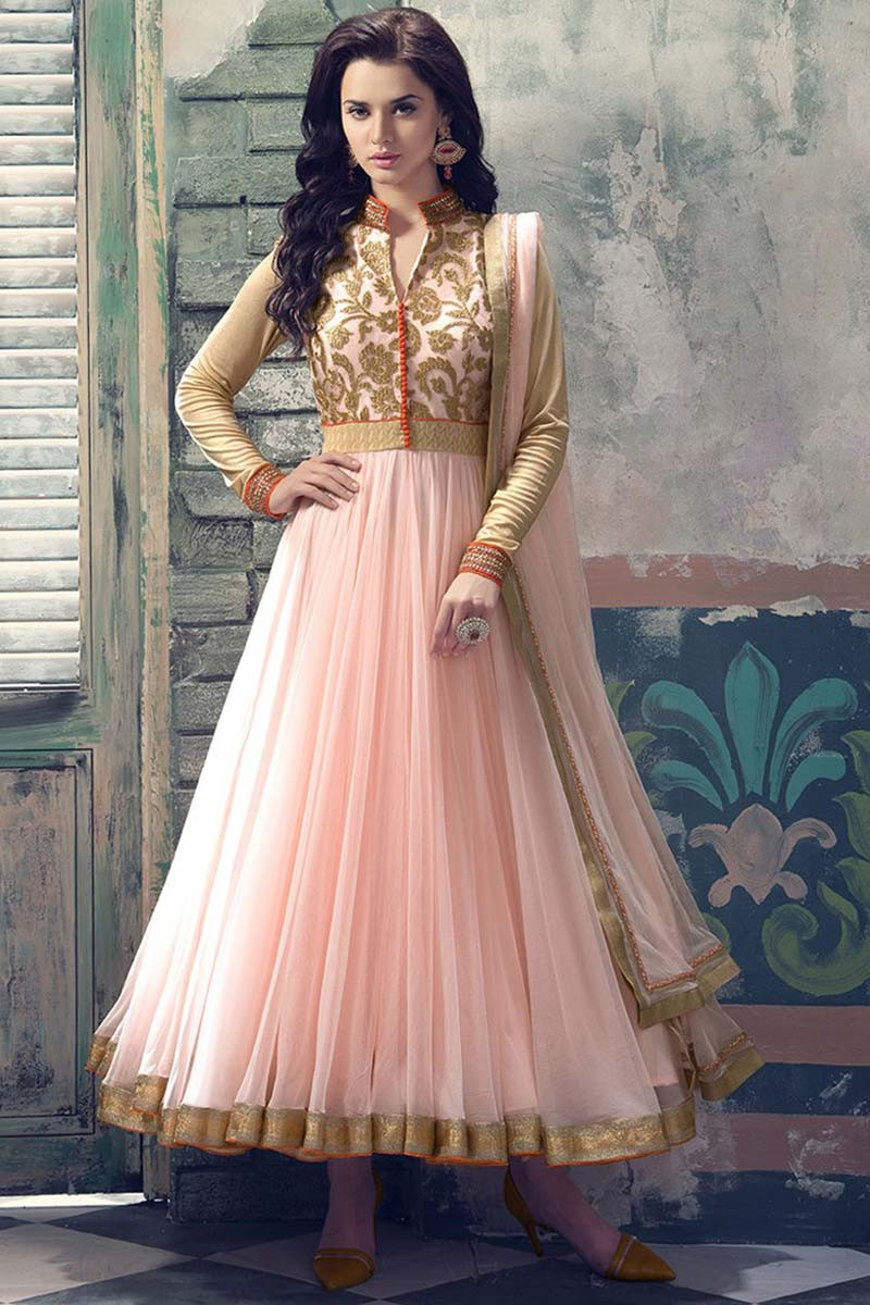 Pink Color Heavy Embroidered Net Fabric Reception Wear Designer Long Anarkali  Salwar Kameez