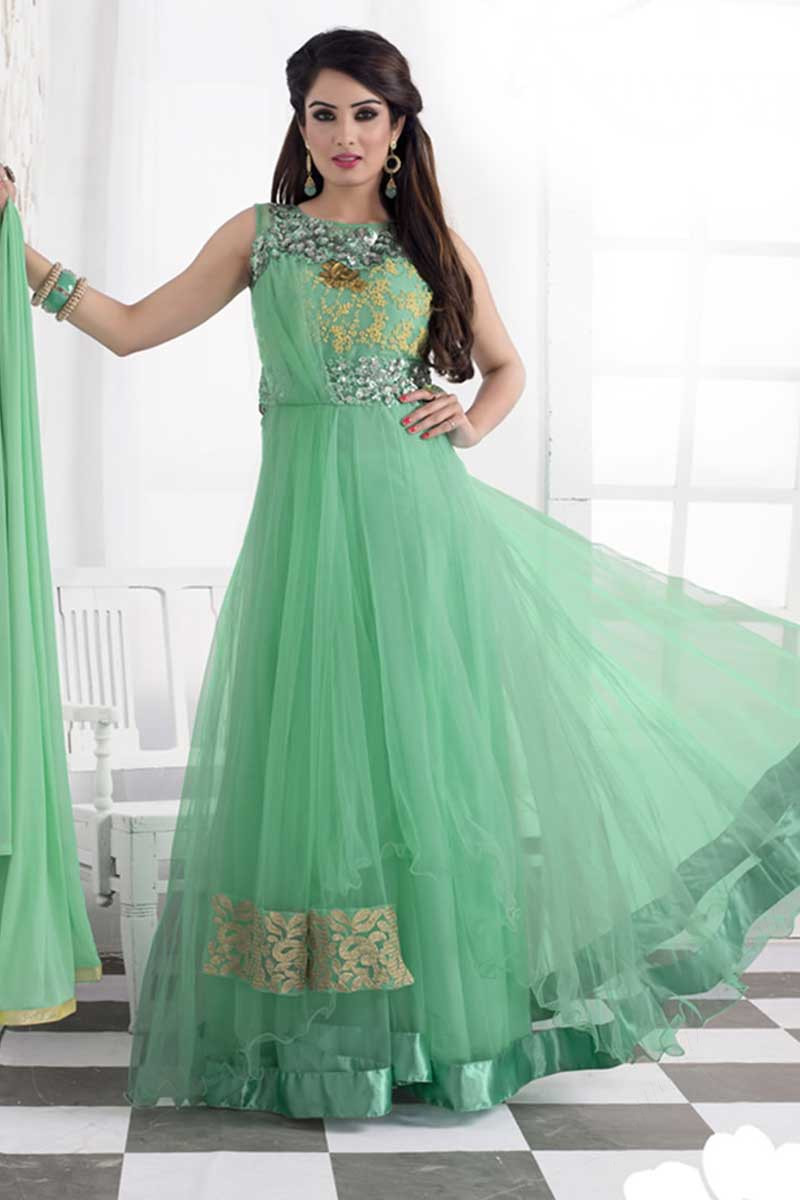Turquoise Ladies Gown with Churidar and Dupatta – Roop Sari Palace