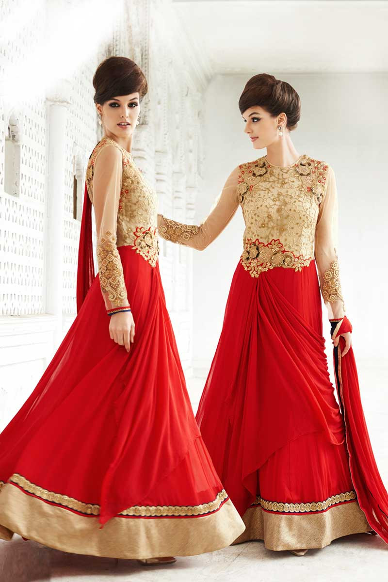Beige with Red Georgette Gown