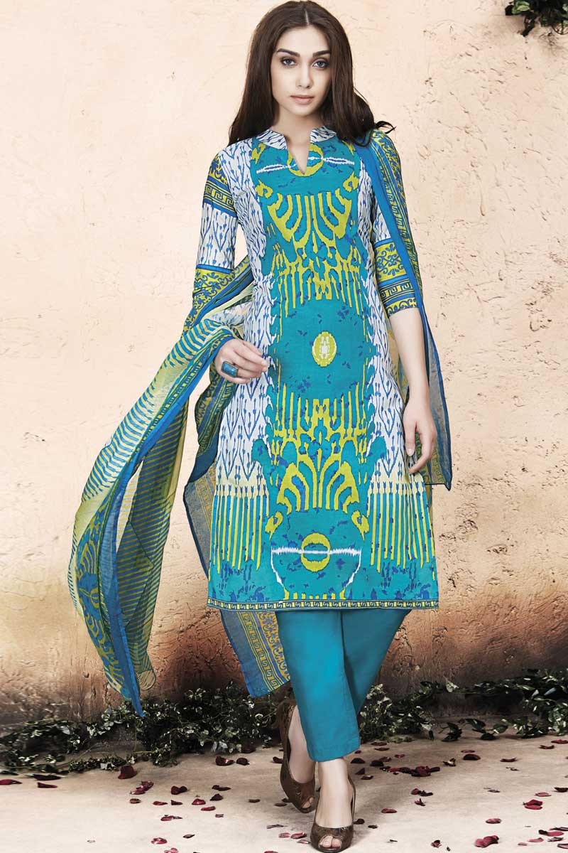 Sky blue Cotton Trouser Suit With Dupatta