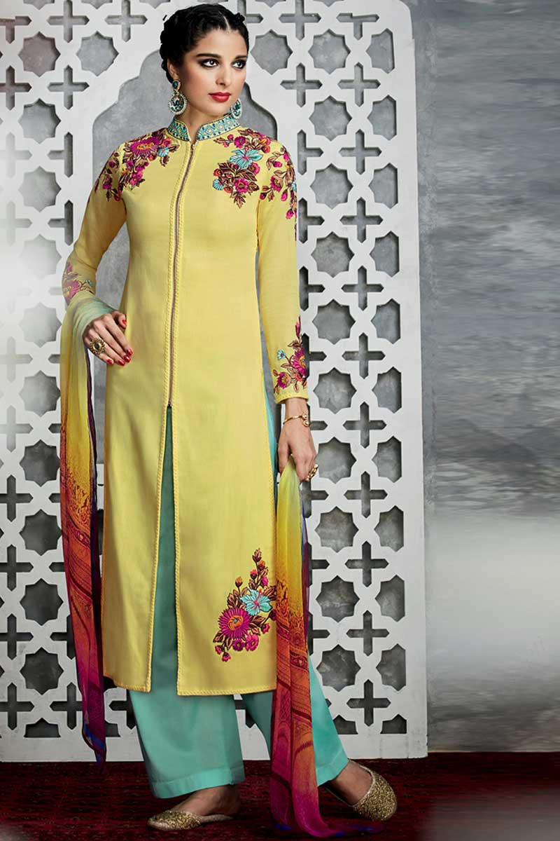 Banarasee Semi Katan Salwar Kameez Dupatta Set With Sona Rupa Zari Wor