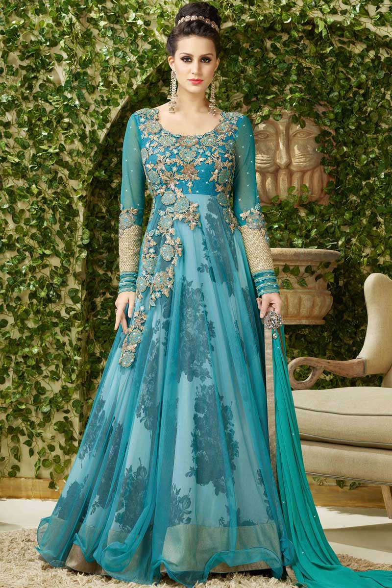 Sky Blue Net Gown Chiffon Dupatta Andaaz Fashion