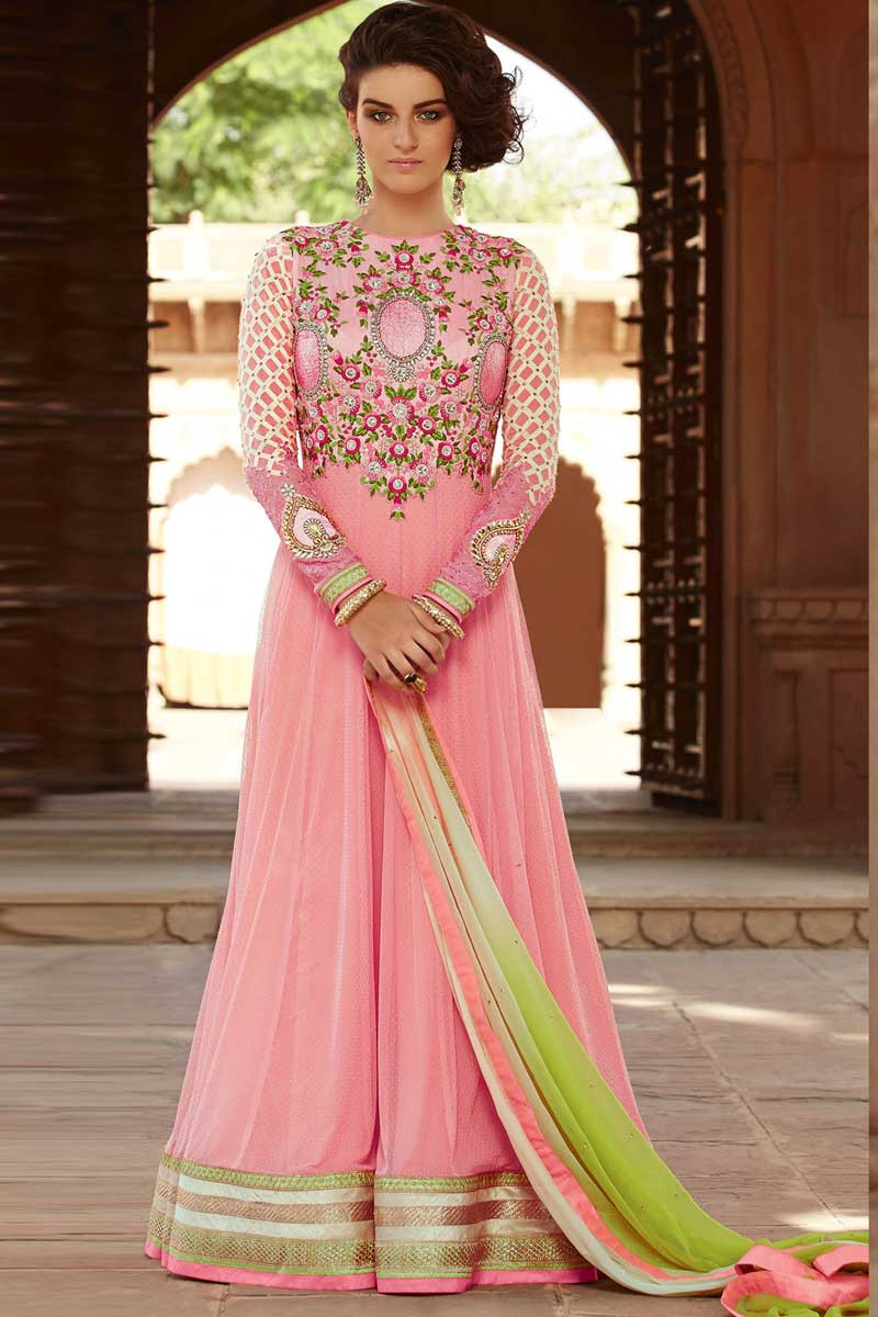 Online Shopping Pink Soft Net Anarkali Churidar Suit With Dupatta DMV14254 Andaaz Eid Store