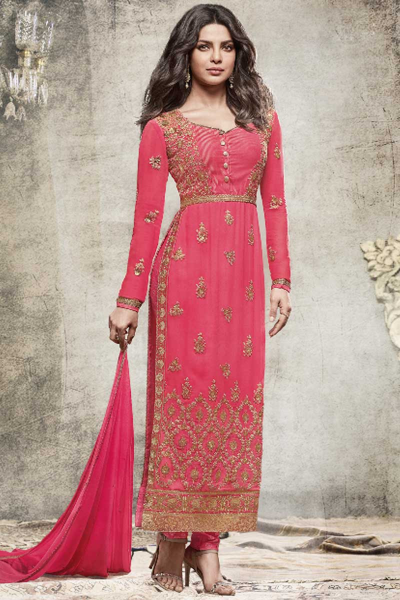 Pink Georgette Straight Pant Suit Party Wear